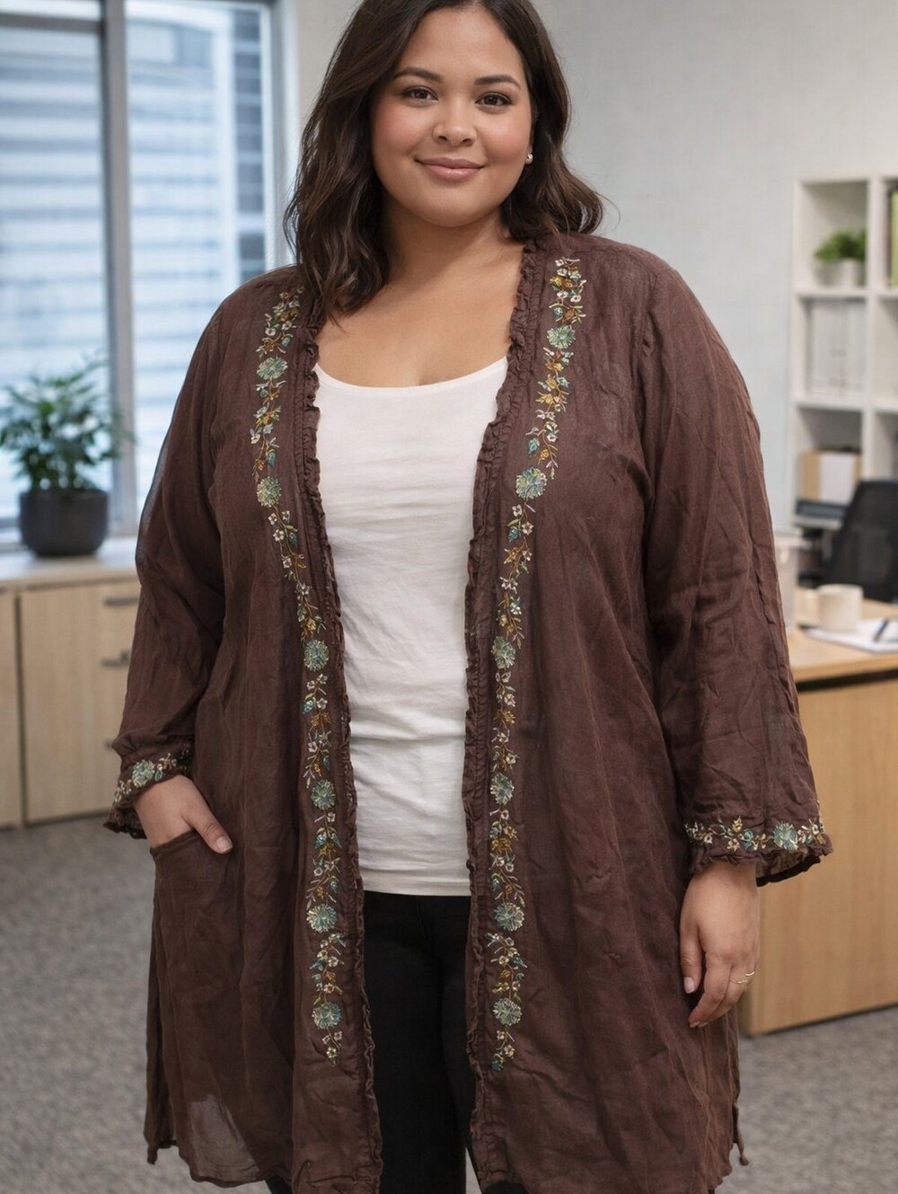 Jh Collection Embroidered Sheer Longline Duster  Cardigan Brown Floral